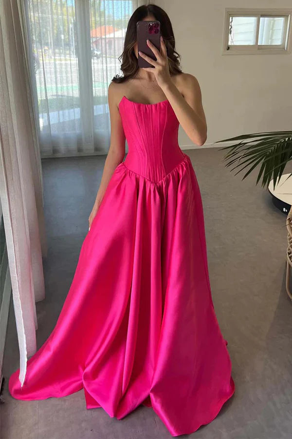Robe de bal Weitese en satin rose vif, coupe trapèze, sans bretelles, col ras du cou et corset